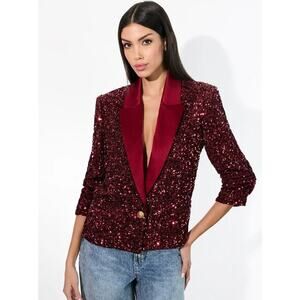 ALICE + OLIVIA Devyn Sequin Blazer Red Boxy Fit Strong Shoulder Size 10